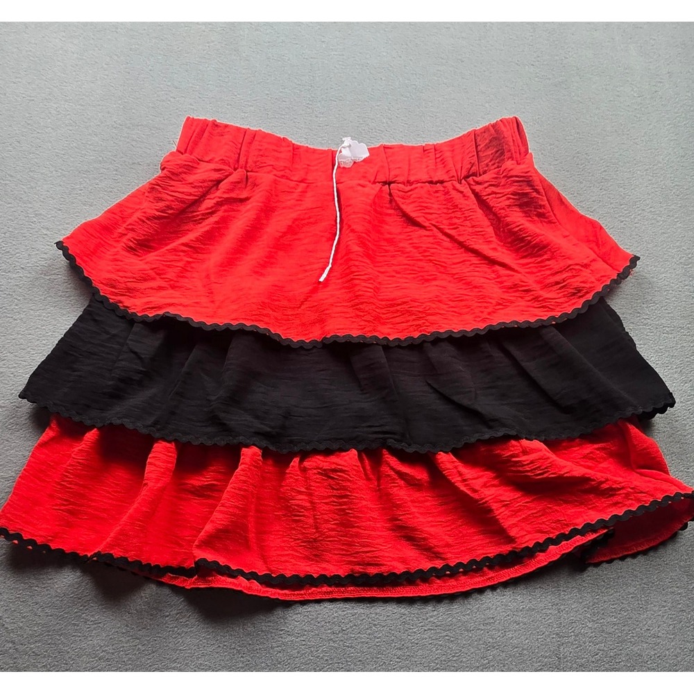 Timing Womens Small Red Black Tiered Ruffle Mini Skirt Scalloped Trim MS4344 NEW